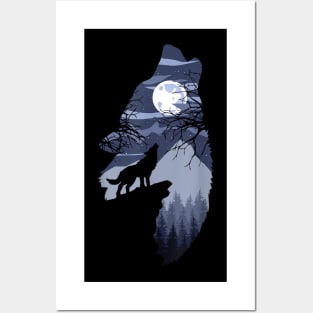 Forest with Full-Moon and Cliff Of Silhouette Howling Wolf Posters and Art